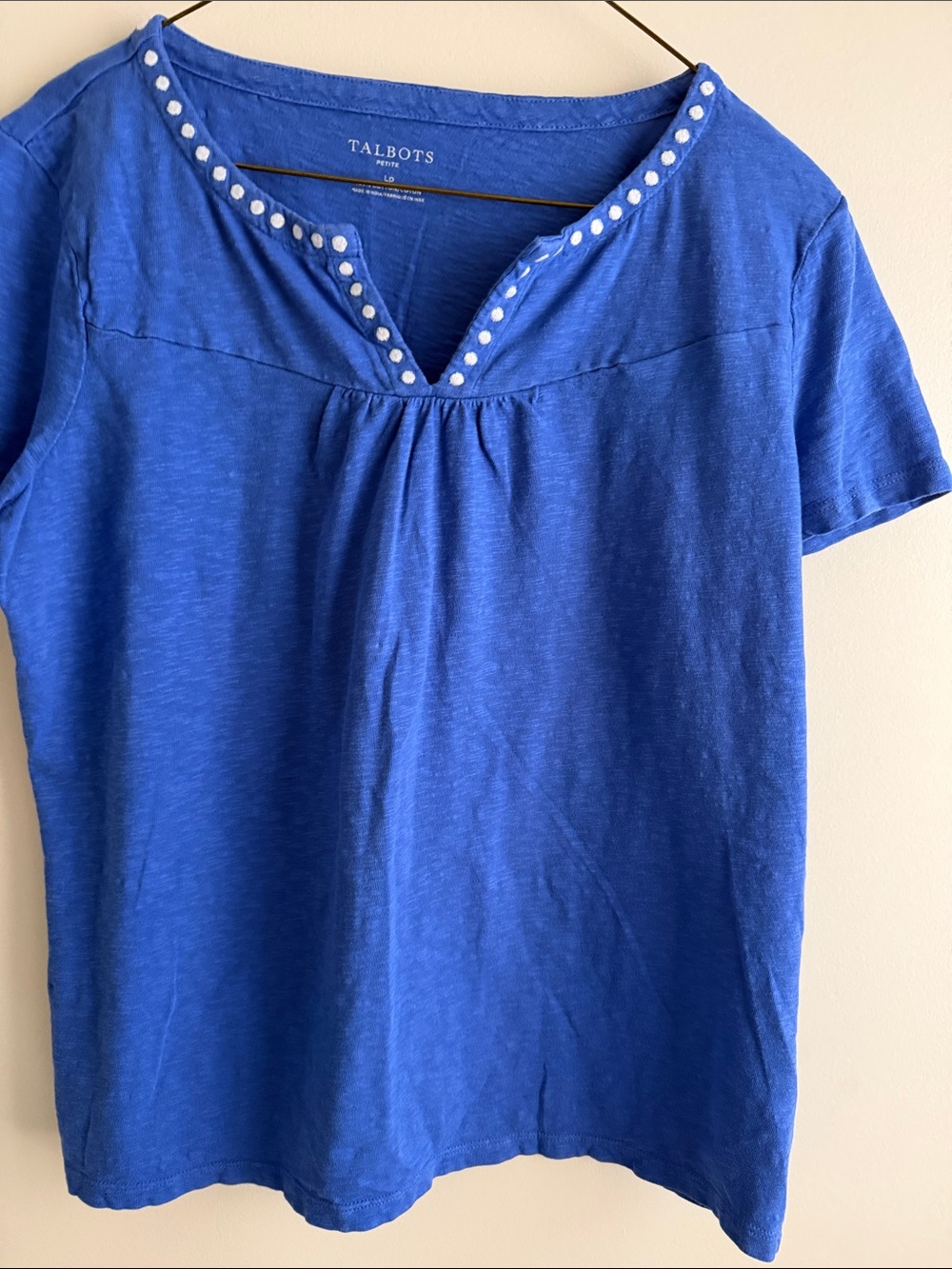 2 for $20 Talbots Blue Short Sleeve Notch-Neck Tee with White Dot Trim
